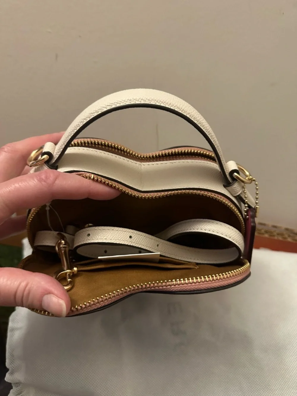 Coach Heart-Shaped Cherry Hearts Crossbody Bag in Beige and Pink - Picture 3 of 5
